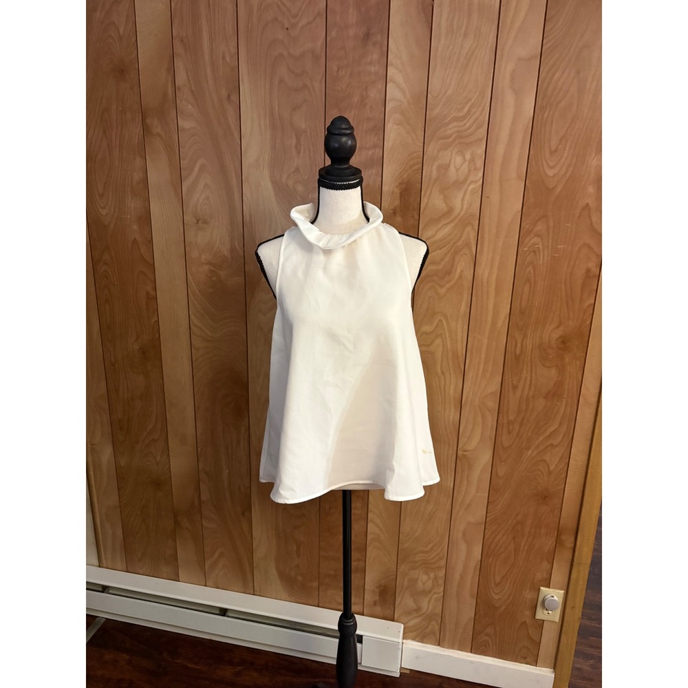 Pomander Place White Ruffle High Neck Tie Back Sleeveless Blouse XS Y14959T